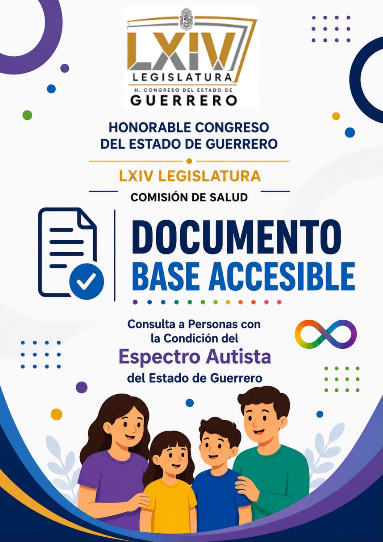 Página 1, portada: escudo de la LXIV Legislatura, Comisión de Salud, el título «Documento Base Accesible», el subtítulo «Consulta a Personas con la Condición del Espectro Autista del Estado de Guerrero», el símbolo del infinito de la neurodiversidad y una ilustración de una familia de cuatro personas.