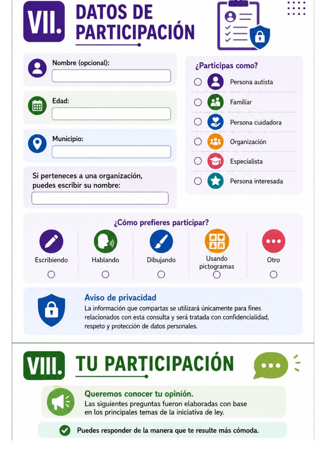 Página 6, secciones VII y VIII: los datos de participación que se piden —nombre opcional, edad, municipio, organización, en calidad de qué participas y cómo prefieres hacerlo—, el aviso de privacidad, y la presentación del cuestionario.