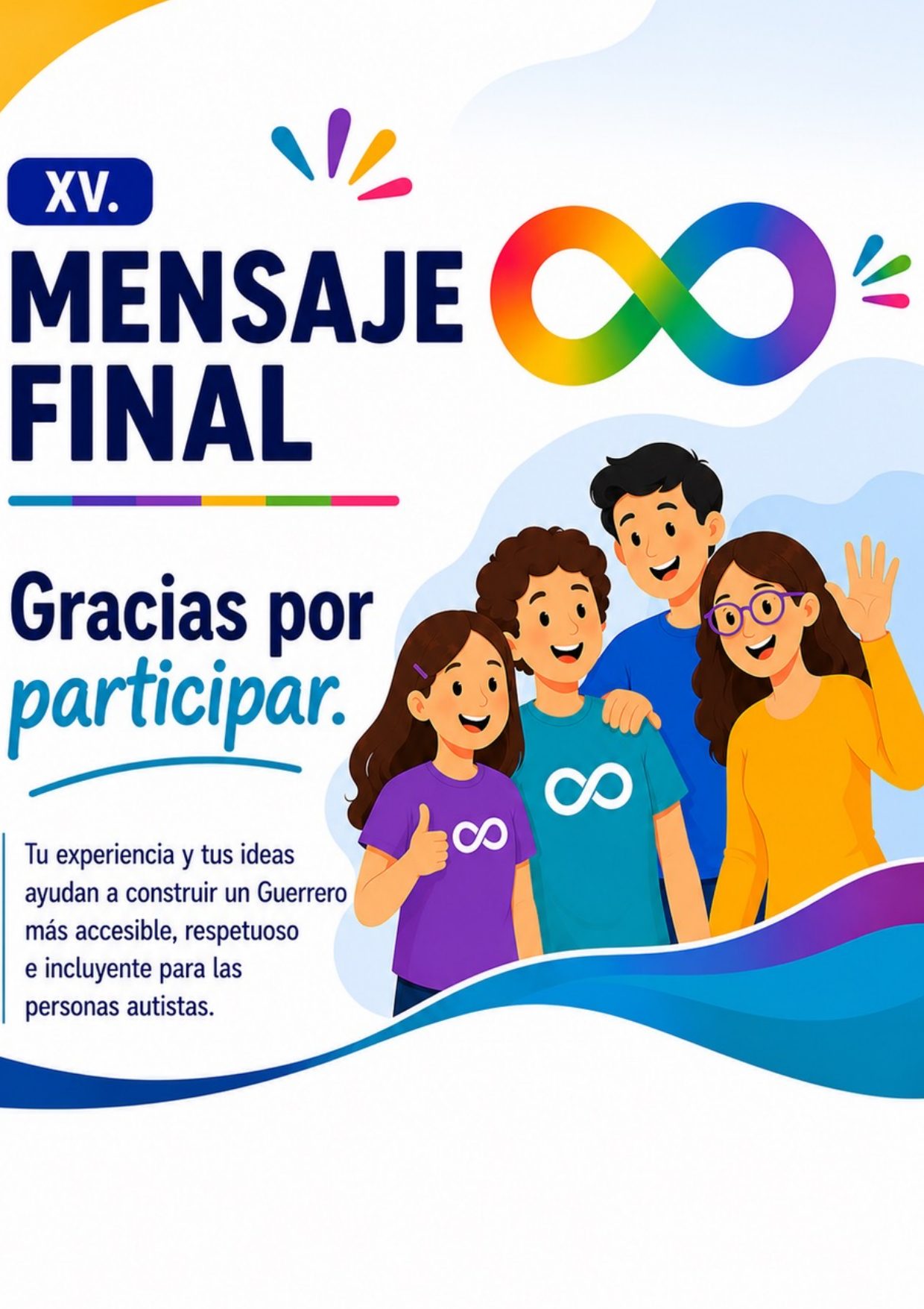 Página 12, sección XV «Mensaje final»: «Gracias por participar. Tu experiencia y tus ideas ayudan a construir un Guerrero más accesible, respetuoso e incluyente para las personas autistas», con el símbolo del infinito y una ilustración de cuatro jóvenes.