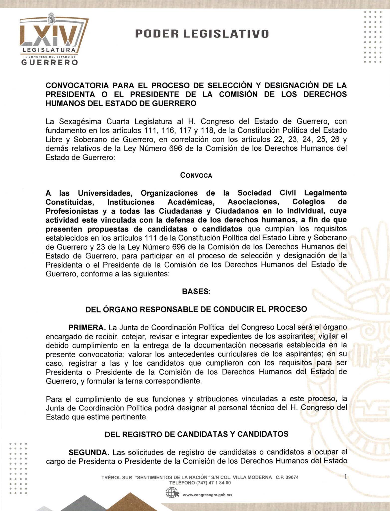 CONVOCATORIA PARA EL PROCESO DE SELECCIÓN Y DESIGNACIÓN DE LA PRESIDENTA O EL PRESIDENTE DE LA COMISIÓN DE LOS DERECHOS HUMANOS DEL ESTADO 2025