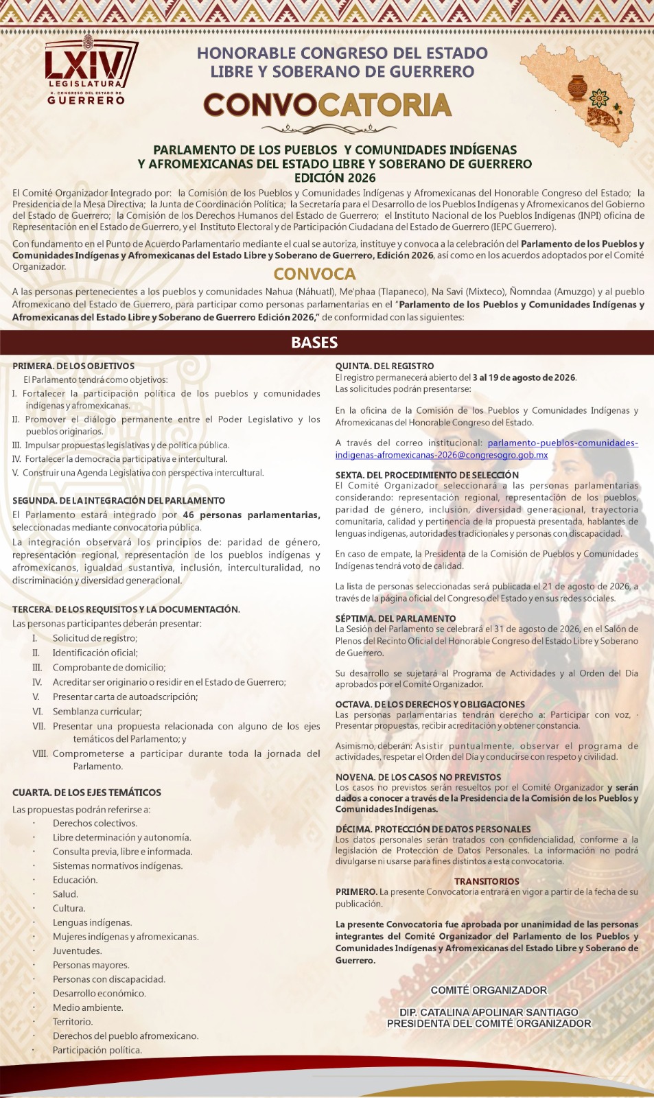 CONVOCATORIA PARLAMENTO DE PUEBLOS Y COMUNIDADES INDÍGENAS Y AFROMEXICANOS 2026