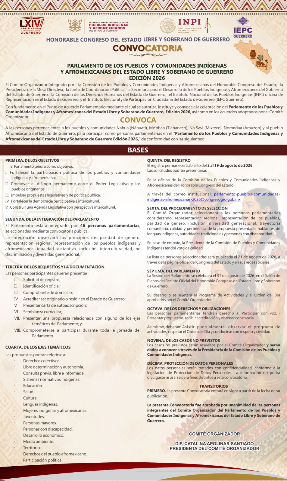 CONVOCATORIA PARLAMENTO DE PUEBLOS Y COMUNIDADES INDÍGENAS Y AFROMEXICANOS 2026