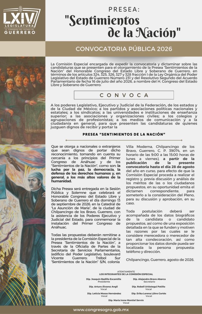 CONVOCATORIA PRESEA SENTIMIENTOS DE LA NACIÓN 2026
