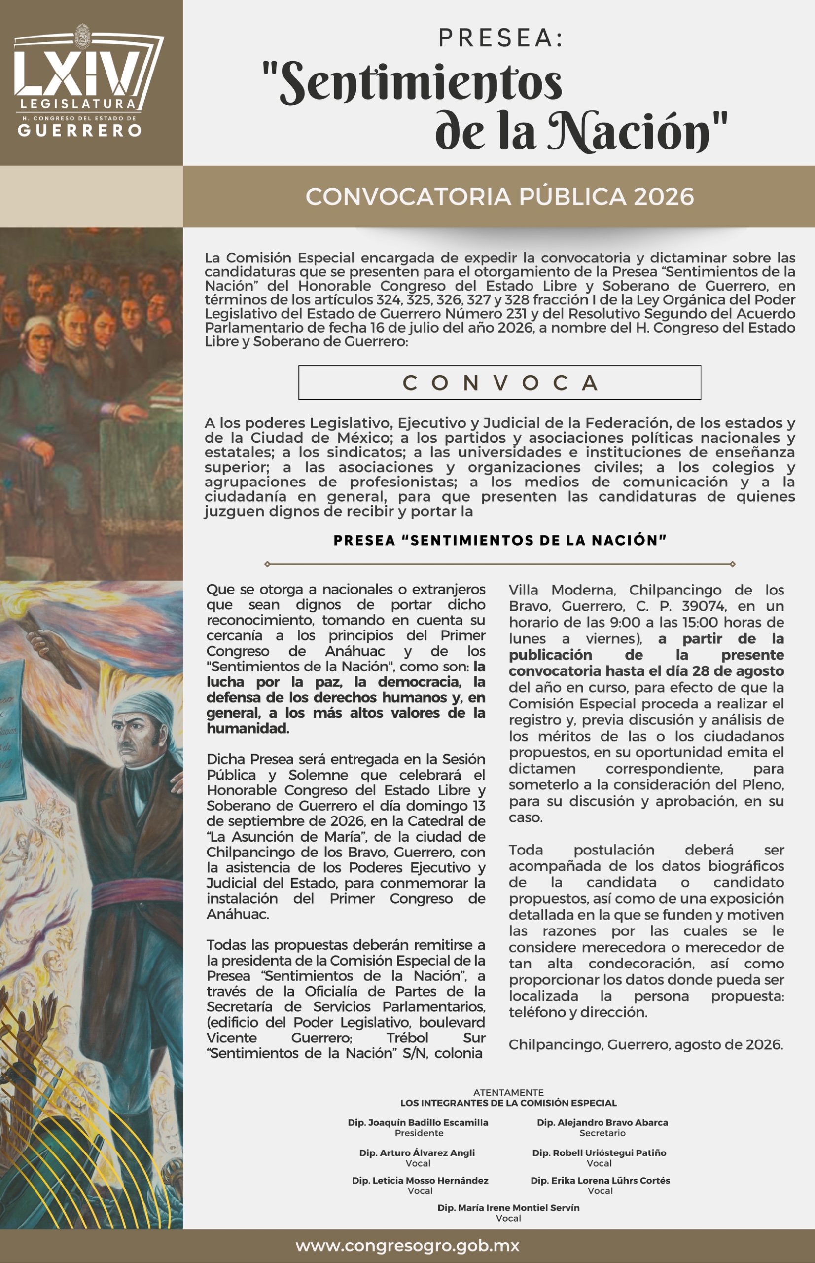 CONVOCATORIA PRESEA SENTIMIENTOS DE LA NACIÓN 2026