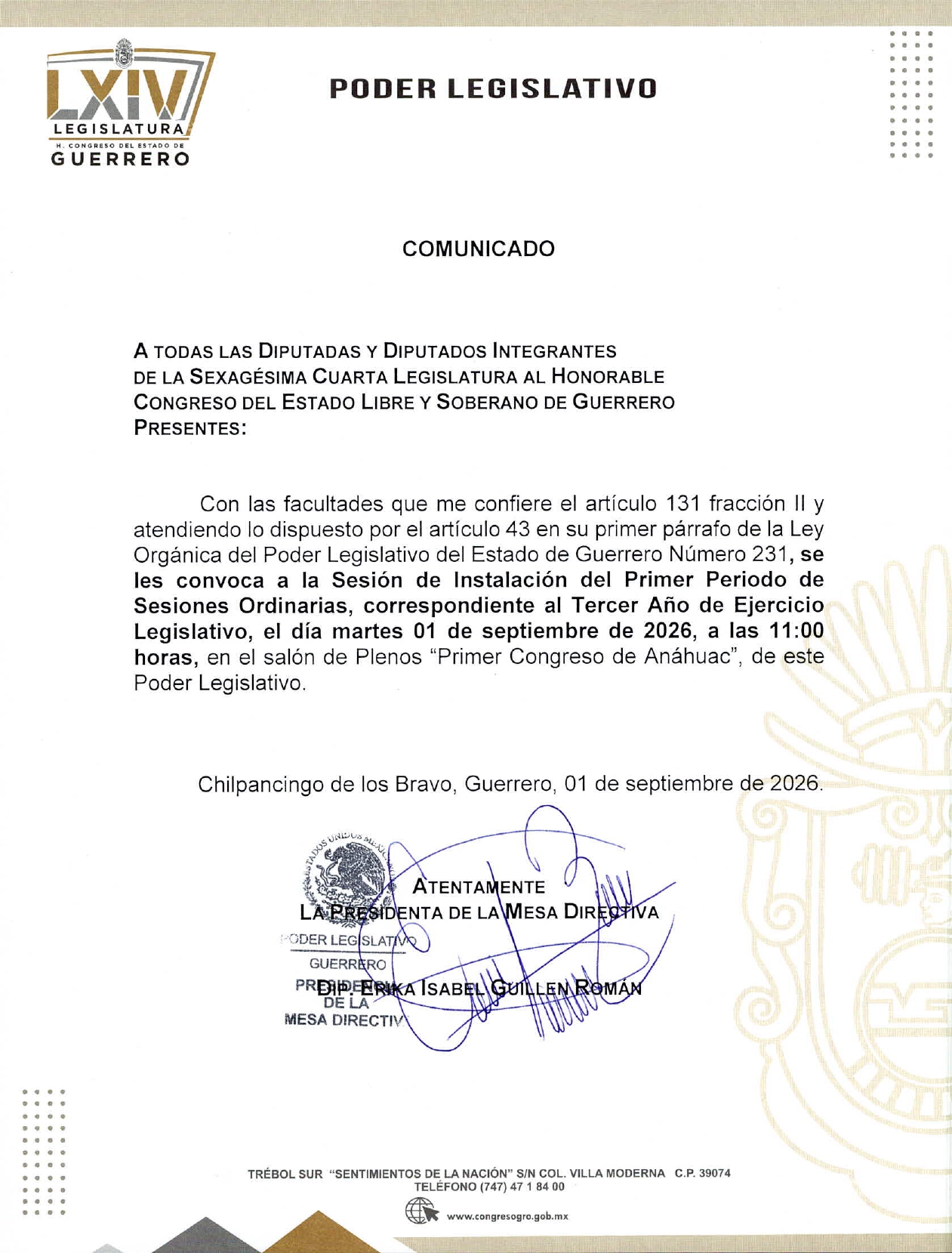 SE LES CONVOCA A LA SESION DE INSTALACION DEL PRIMER PERIODO DE SESIONES ORDINARIAS CORRESPONDIENTES AL TERCER AÑO DE EJERCICIO